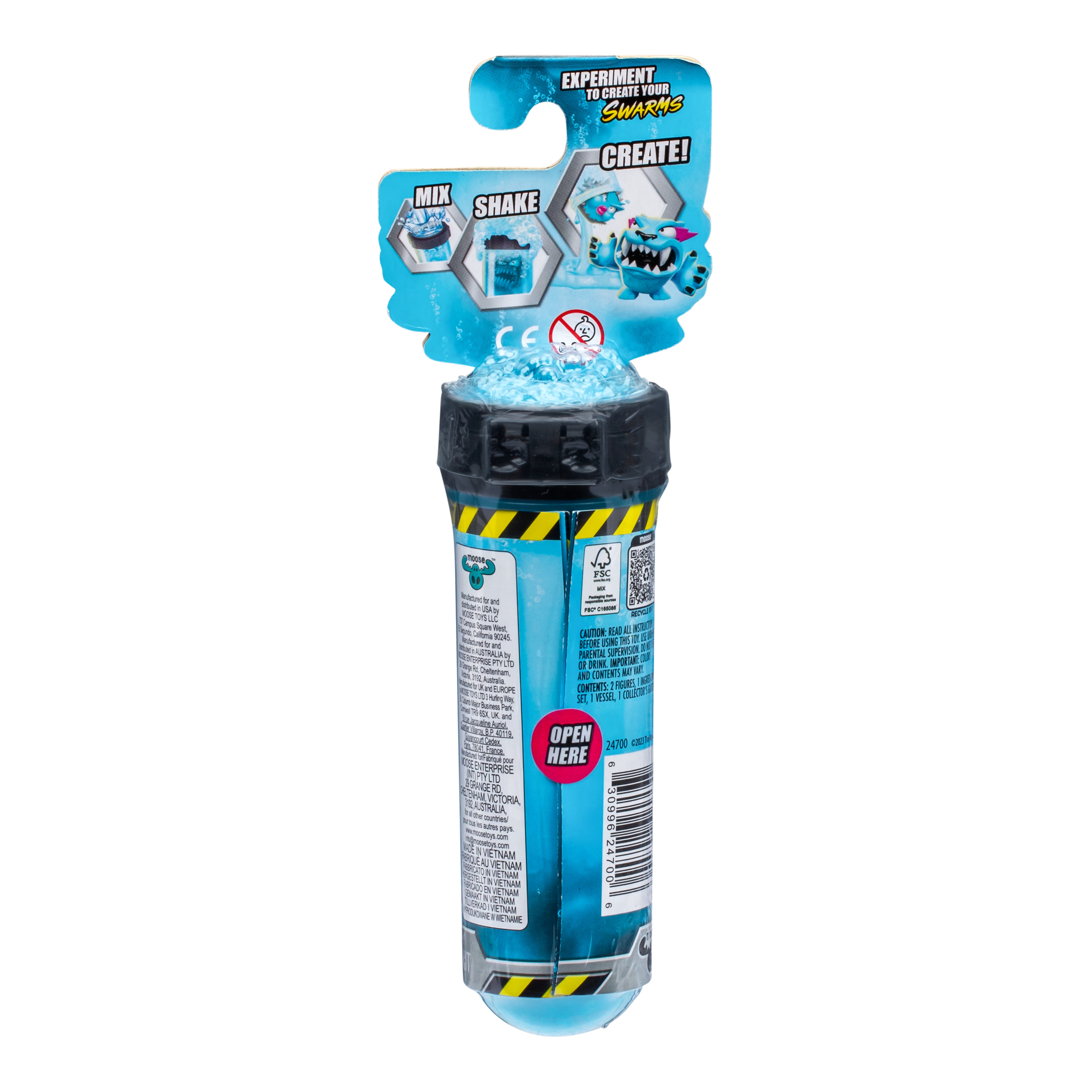 Toy packaging with blue and black design on a white background