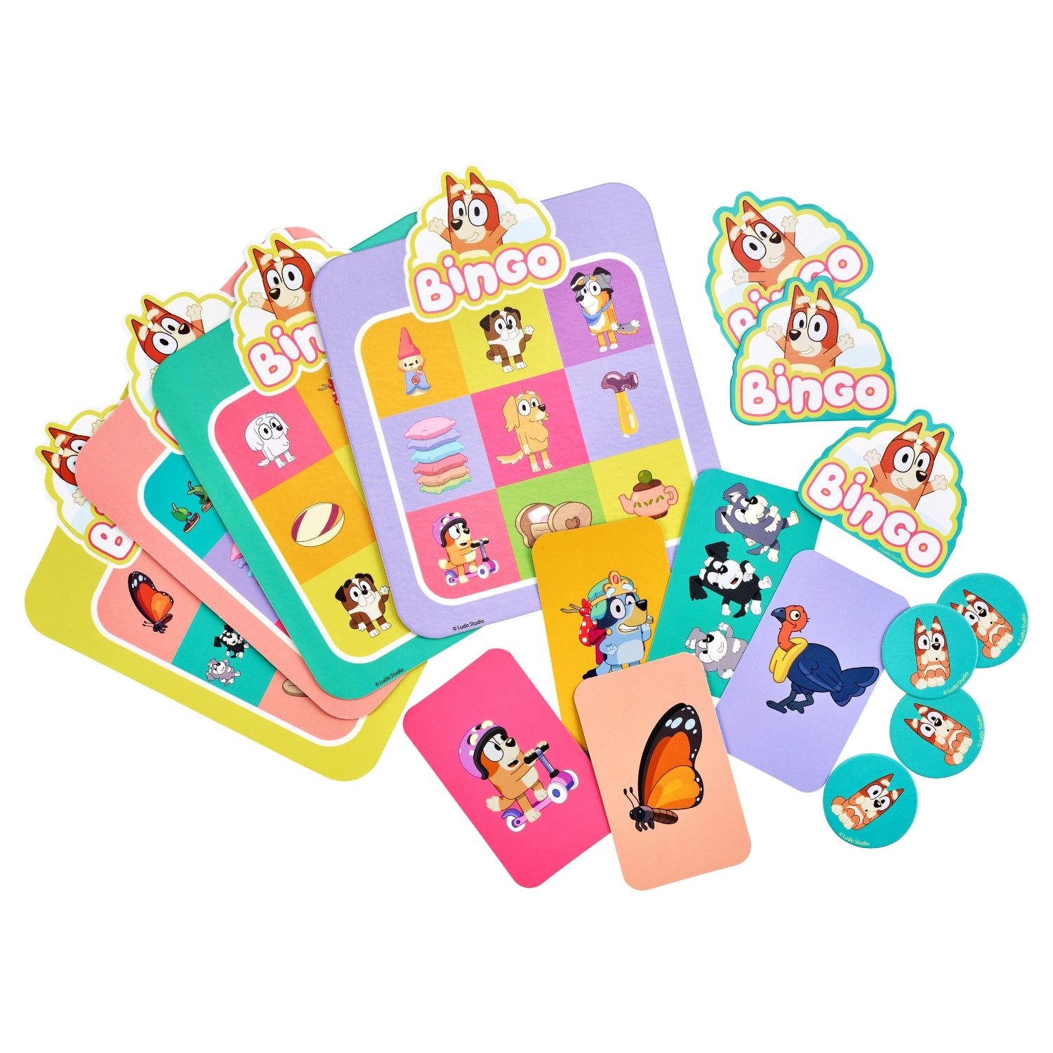 Colorful bingo cards with cartoon animals and corresponding stickers on a white background