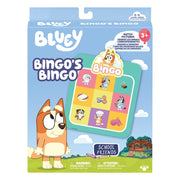 Bluey Bingo's Bingo game packaging with cartoon dog and colorful game card on a blue background