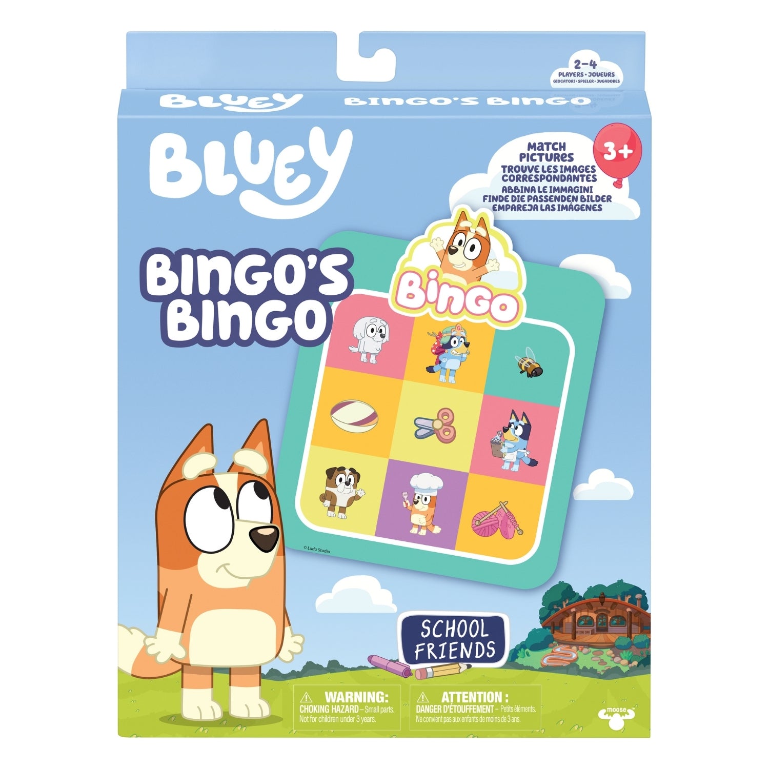 Bluey Bingo's Bingo game packaging with cartoon dog and colorful game card on a blue background
