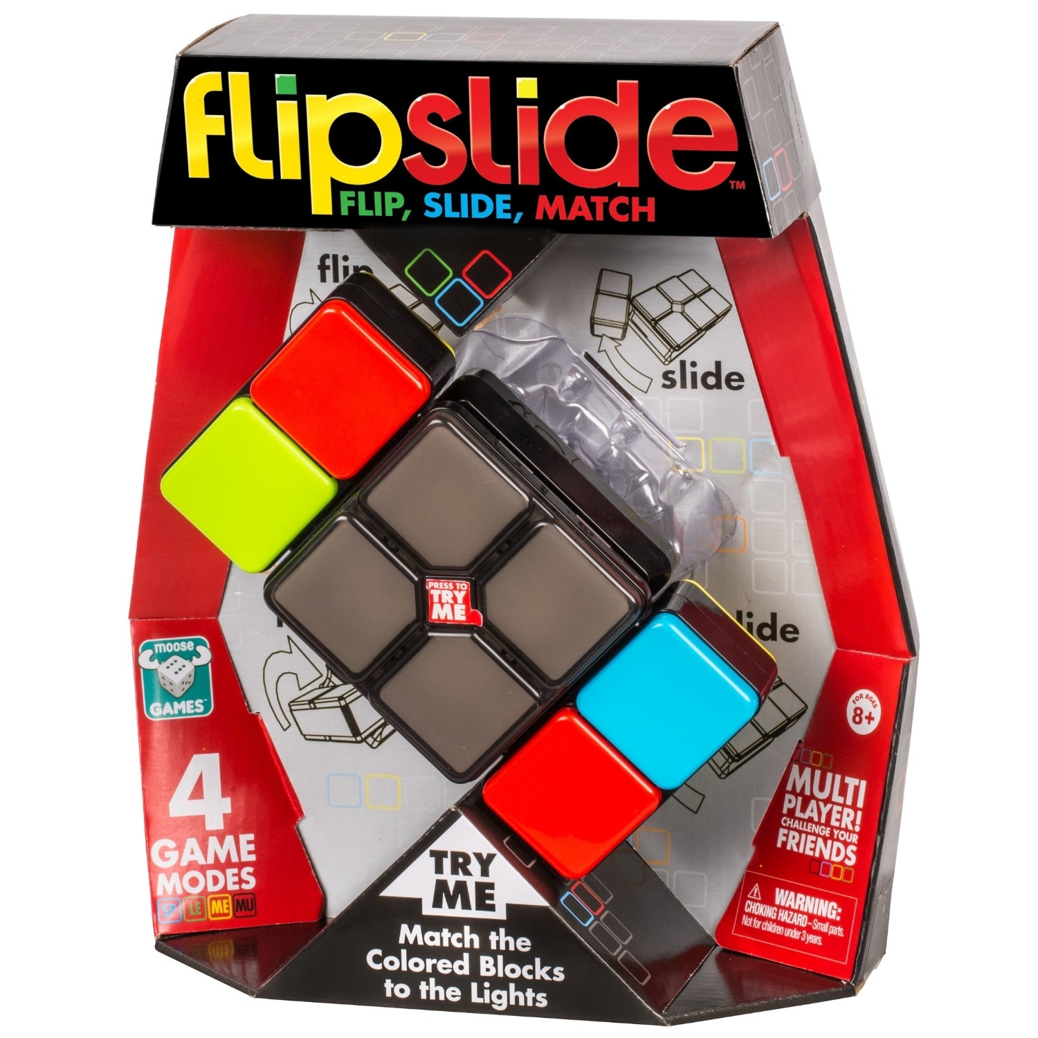 FlipSlide puzzle game packaging with colorful blocks and text on a white background