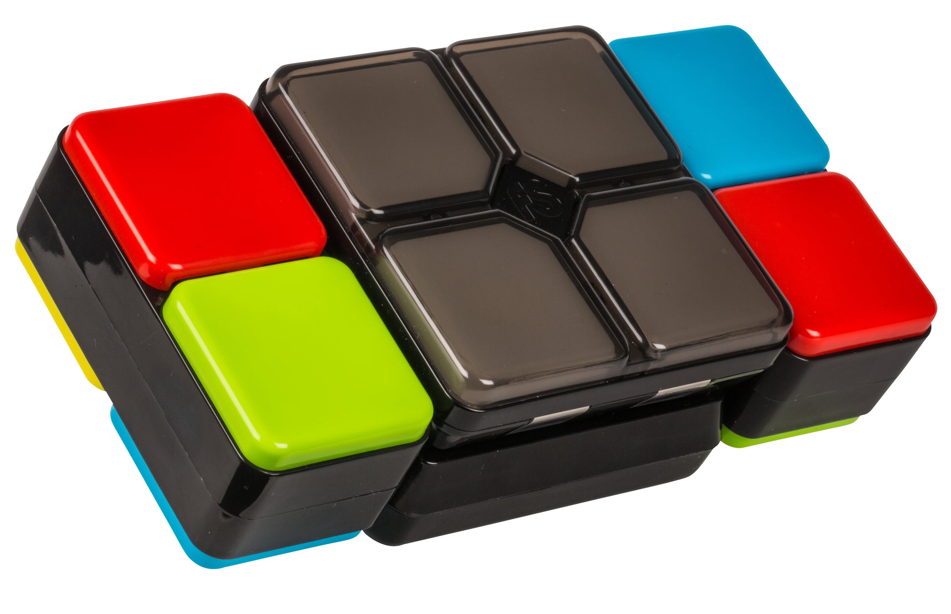 Colorful puzzle toy with red, green, black, and blue squares on a white background
