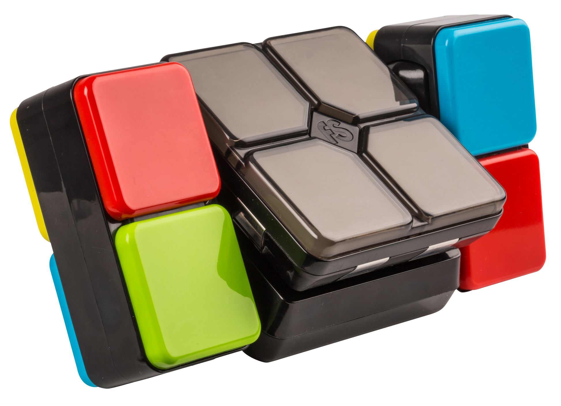 Colorful puzzle cube with red, green, blue, and gray sides on a white background