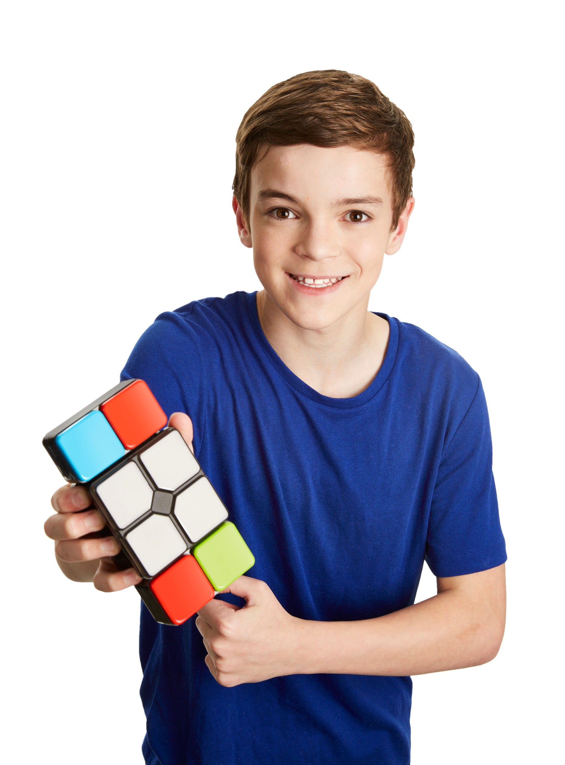 Young boy holding Flipslide Game on a white background