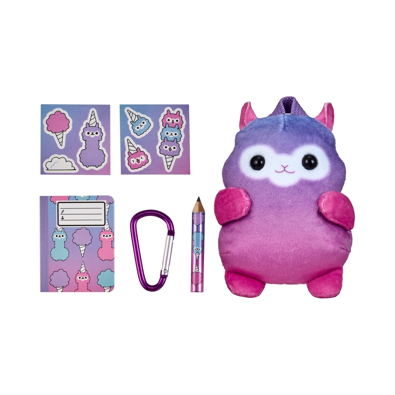 Purple plush toy with stationery items on a white background