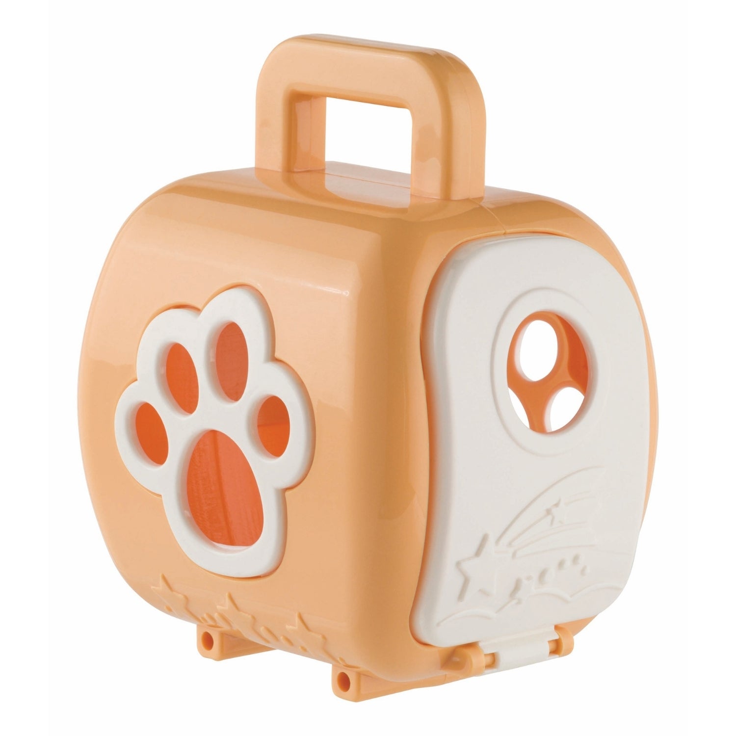 Toy critter carrier with paw print design on a white background