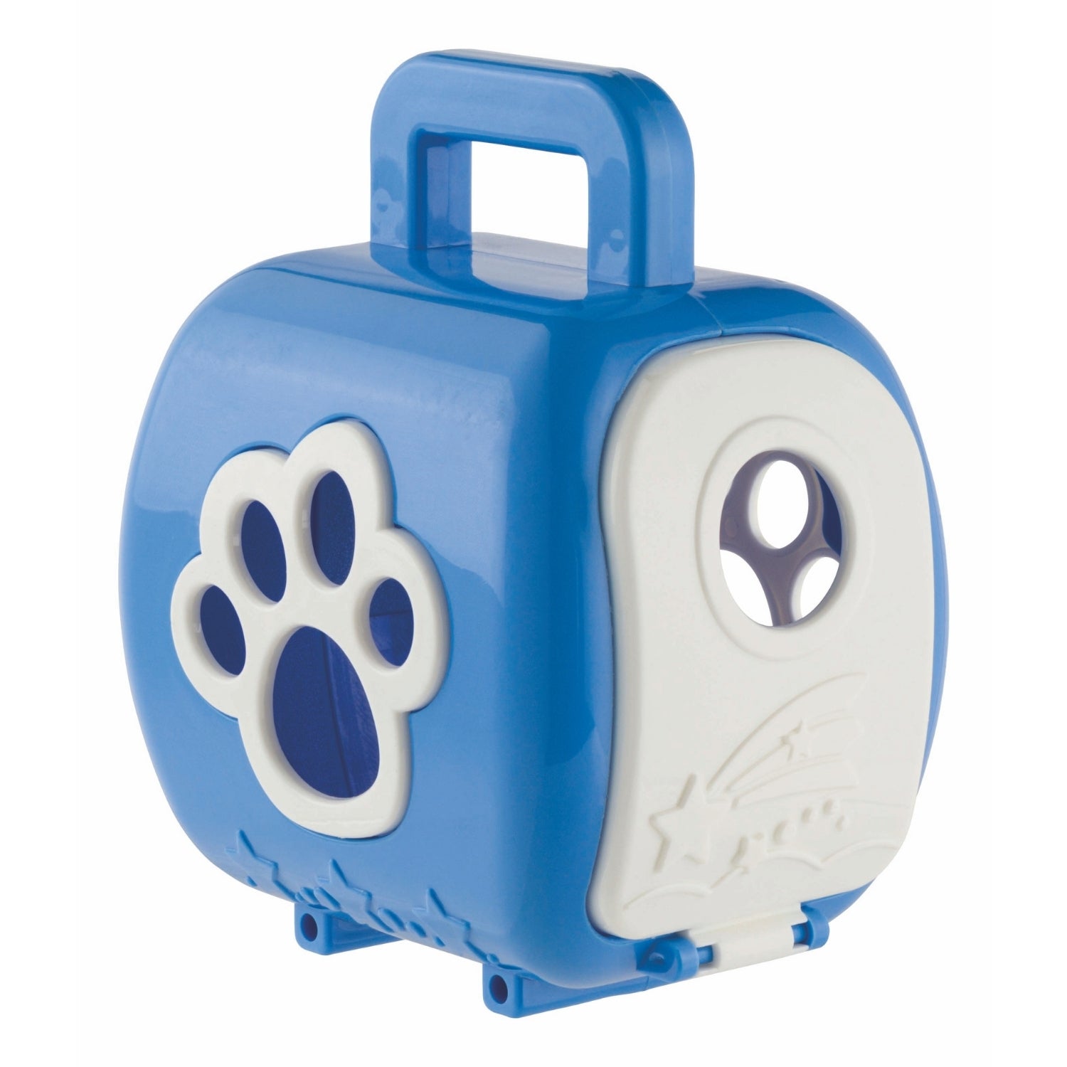 Blue and white pet carrier with paw print design on a white background