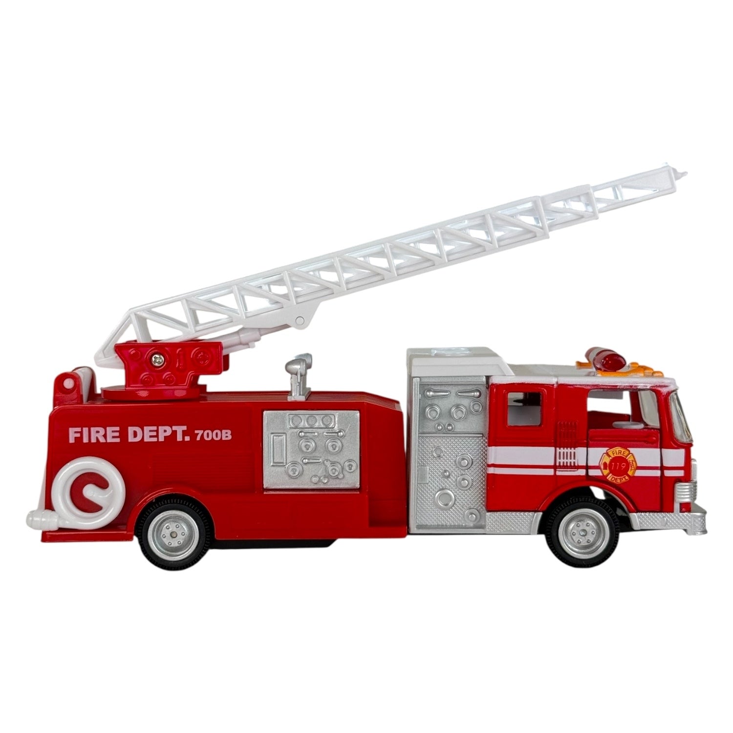 Red toy fire truck with a white ladder on a white background