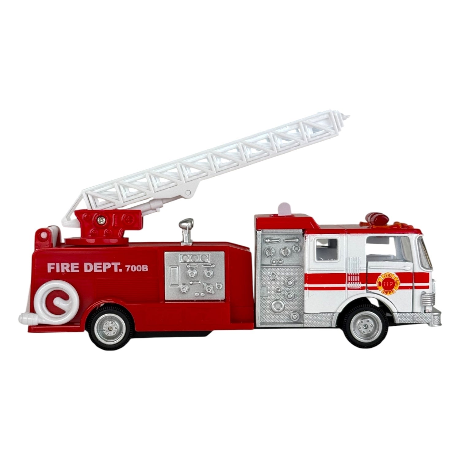 White toy fire truck with a white ladder on a white background