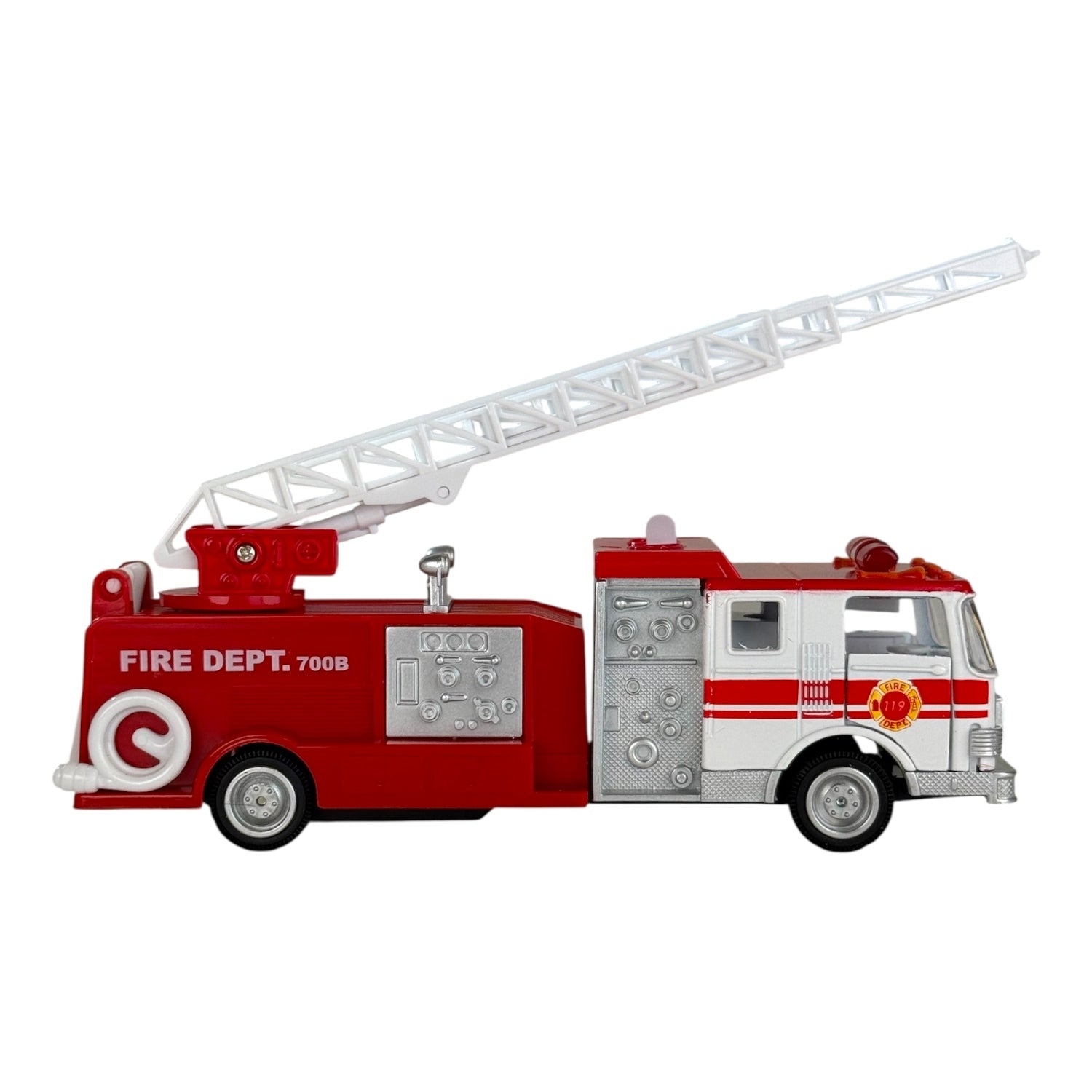 White toy fire truck with a white ladder on a white background