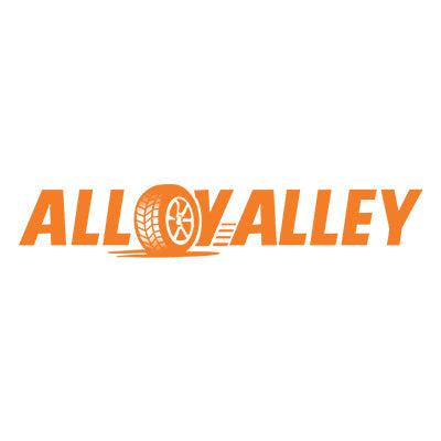 The logo reads ALLOY ALLEY in orange letters, with the first O designed as a car alloy wheel and tire, featuring tread marks extending to the right. The background is white.