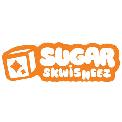 Logo with an orange outline featuring a stylized cube with sparkles on the left and the words SUGAR SKWISHEEZ in rounded white letters on the right.