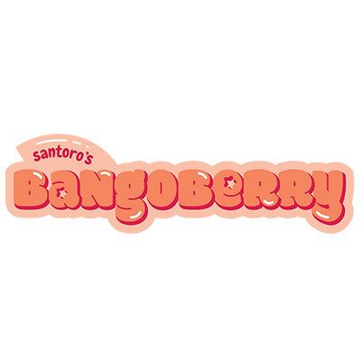 Logo with the words santoros BANGOBERRY in bold, rounded, pink and orange letters, with a small star inside the letters O and E.