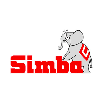 A stylized gray elephant with a red pattern on its back leans on the bold red word Simba in a playful, blocky font. The design is simple and cheerful on a white background.