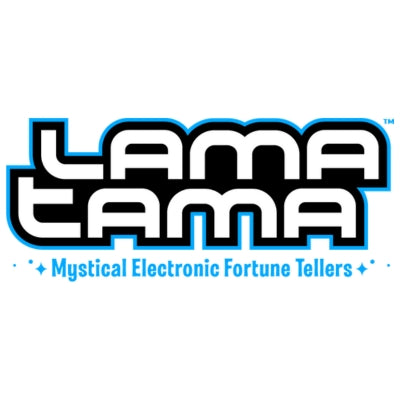 Logo with bold text reading LAMATAMA outlined in blue, and underneath in blue text it says Mystical Electronic Fortune Tellers with small stars on either side.
