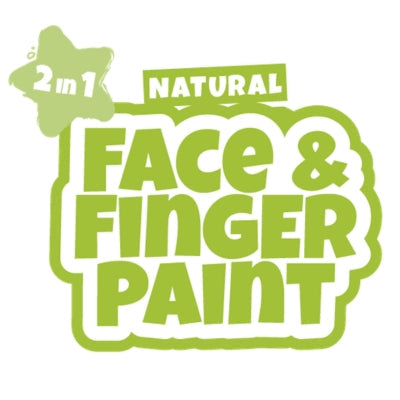 Green and white graphic logo reads 2 in 1 NATURAL FACE & FINGER PAINT. 2 in 1 is inside a star shape; the rest is in bold, playful font with a rounded border.