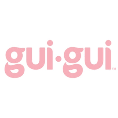 The image displays the word gui·gui in lowercase, bubble-style pink letters with a centered dot separating the two parts, on a white background.