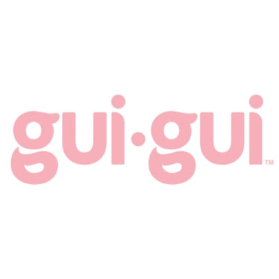 The image displays the word gui·gui in lowercase, bubble-style pink letters with a centered dot separating the two parts, on a white background.