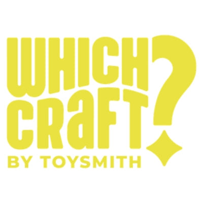 Yellow text reads “WHICH CRAFT?” in large, bold letters with a question mark and diamond shape, and “BY TOYSMITH” in smaller text below on a white background.