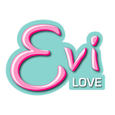 Stylized text logo reading Evi LOVE in pink and white letters on a blue background.