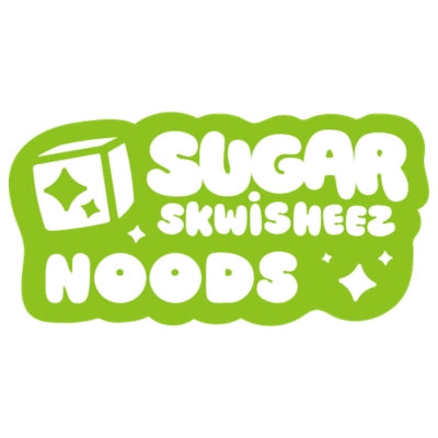 Green logo with a cube and sparkles, containing bold white text that reads: Sugar Skwisheez Noods.