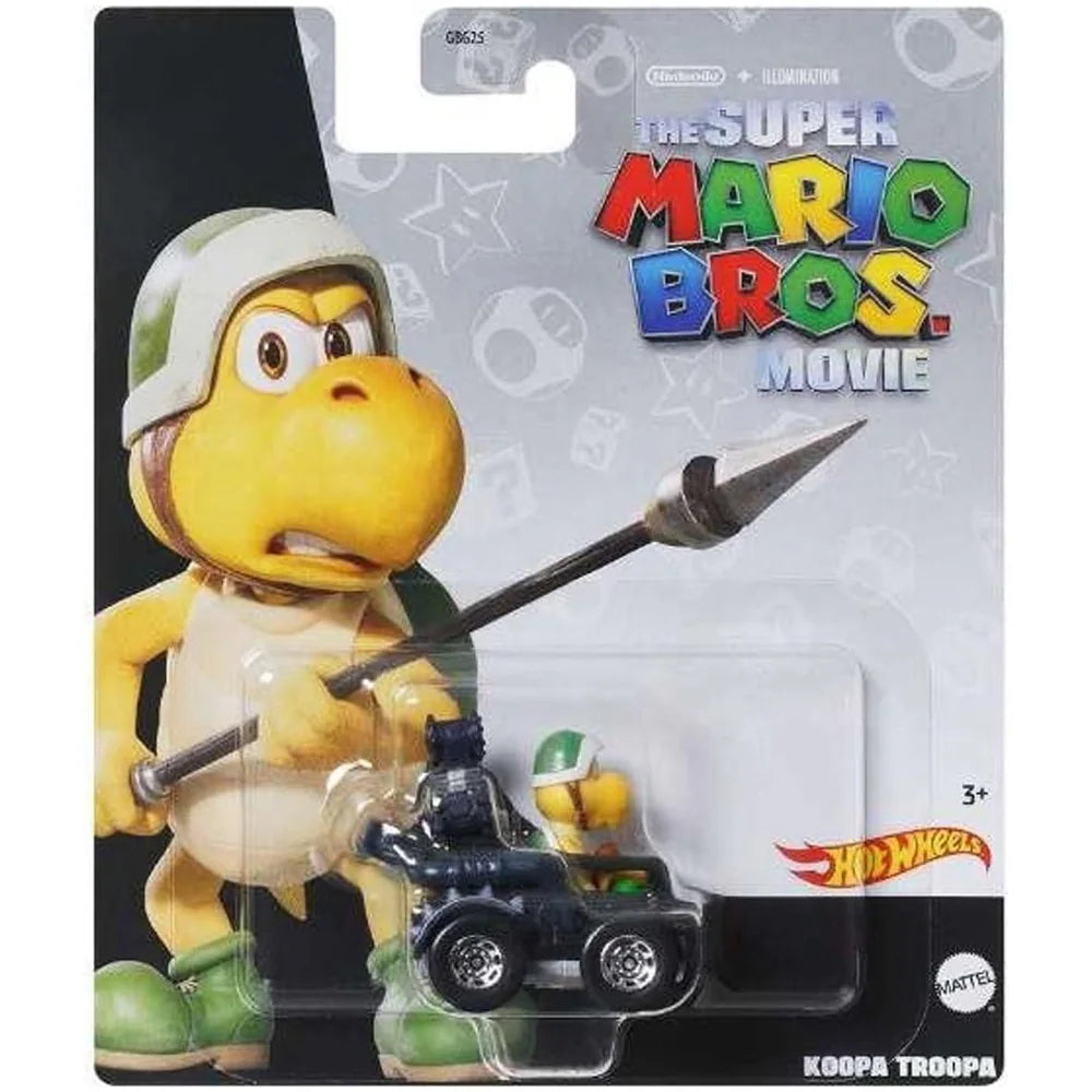 The Mattel Hot Wheels Mario Kart Replica Die Cast Vehicles line features a Koopa Troopa car from The Super Mario Bros. Movie, with exclusive backing card artwork—ideal for fans and collectors, and includes official logos.
