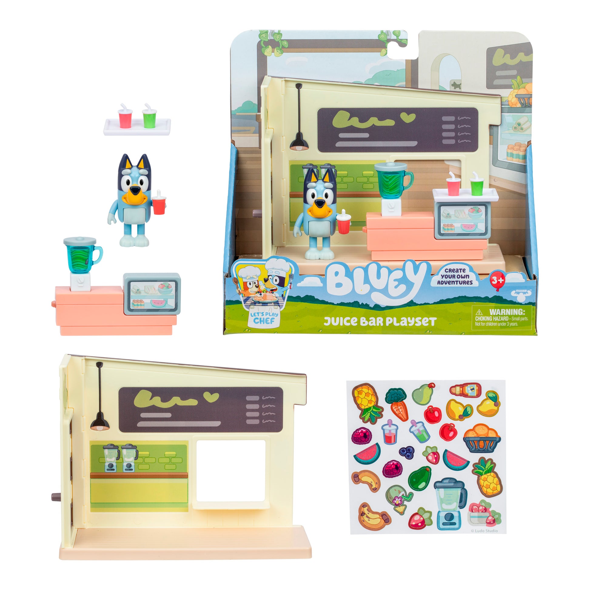 Bluey Juice Bar Playset with toy figures and accessories on a white background