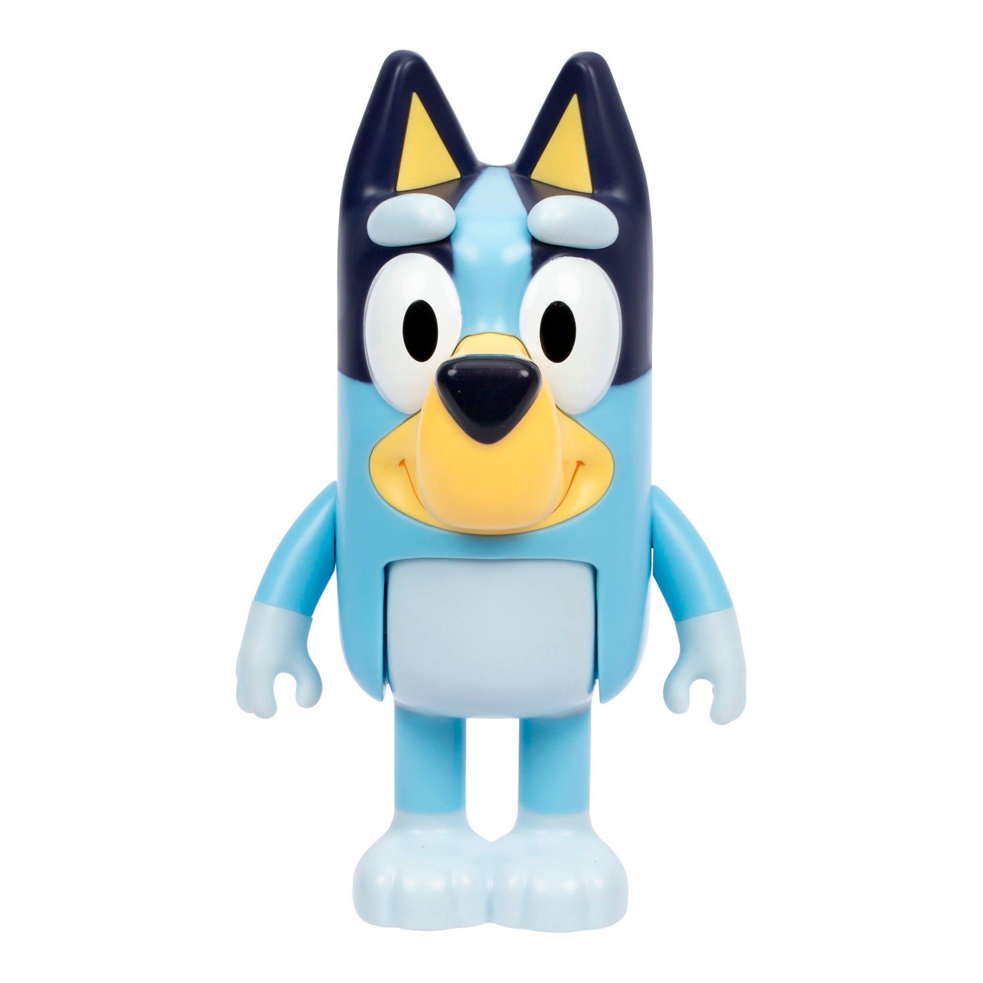 Toy figure of a blue and yellow character on a white background