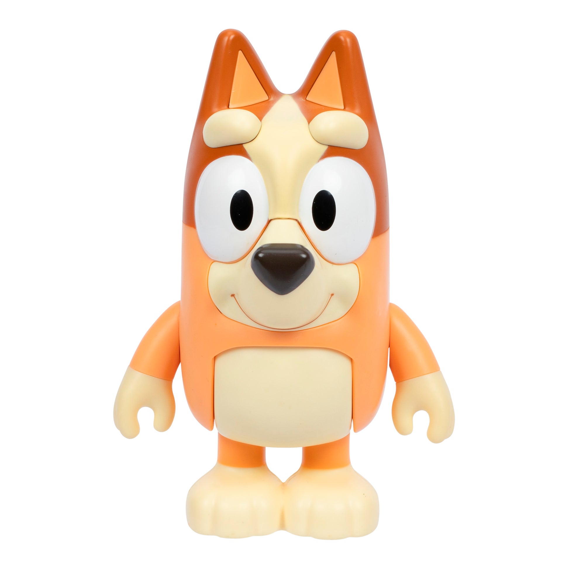Toy figure of a cartoon character with orange and beige colors on a white background