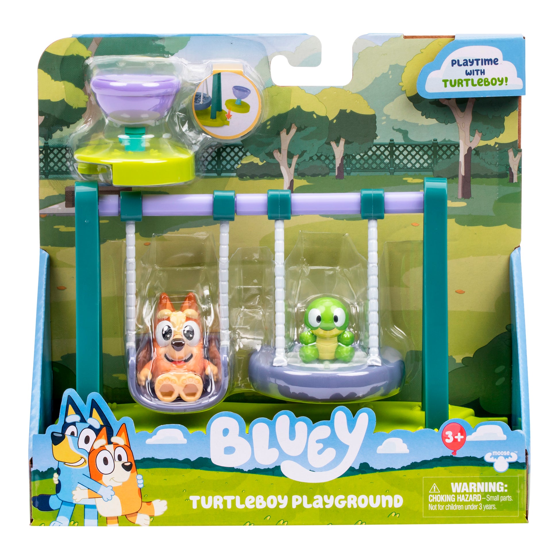 Toy packaging for 'Bluey' featuring two characters on a playground set with a scenic background.