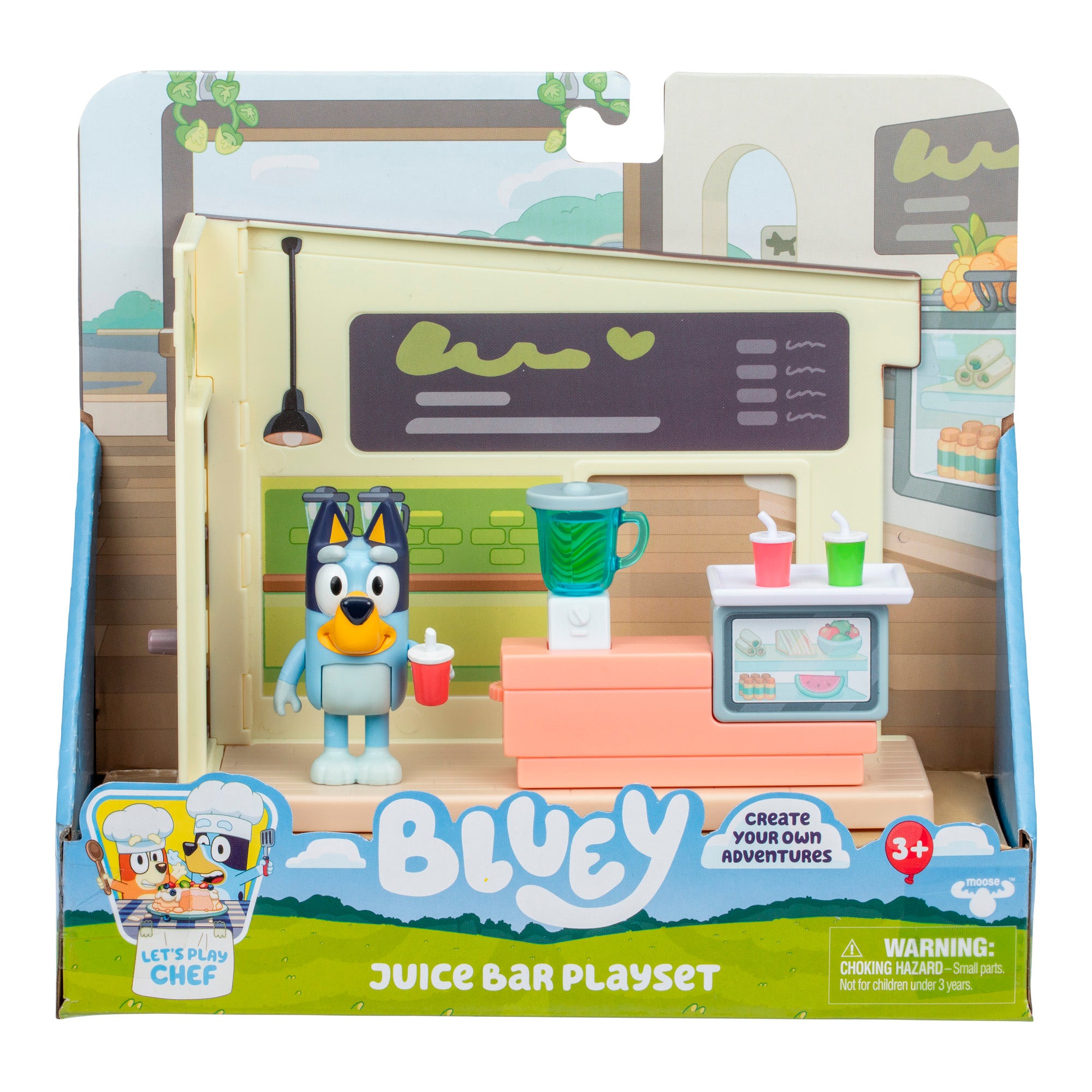 Bluey Juice Bar Playset packaging with toy figure and accessories