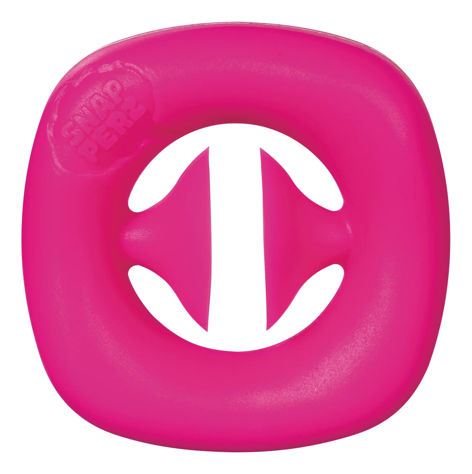 A bright pink, square-shaped plastic Toysmith Snapperz with rounded edges and a circular hole in the center features two curved fins across the opening. The brand name Toysmith is embossed in the top left corner.