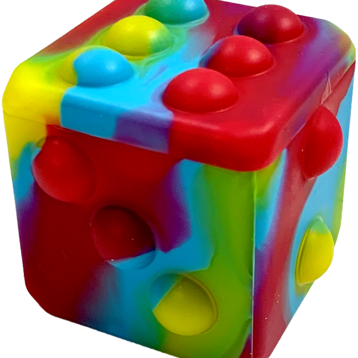 The Toysmith Poppin' Dice - Rainbow by Toysmith is a colorful fidget cube with raised and recessed poppable bubbles on each side, featuring vibrant red, blue, yellow, and green sections.