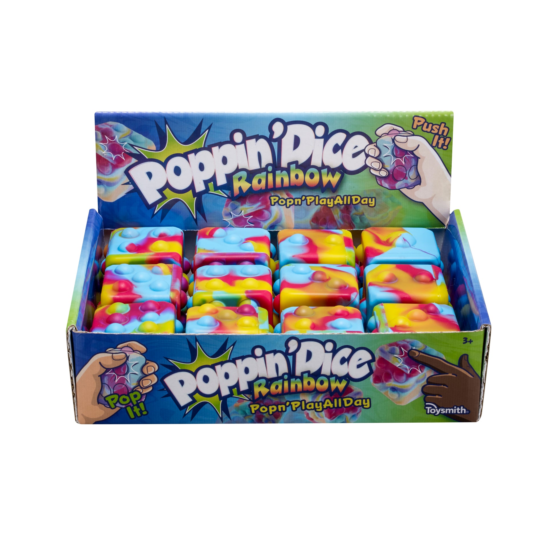 A Toysmith Poppin' Dice - Rainbow display box features squishy tie-dye fidget dice stacked in two rows with playful graphics and the "Pop n Play All Day" slogan. Sensory fun from Toysmith!.
