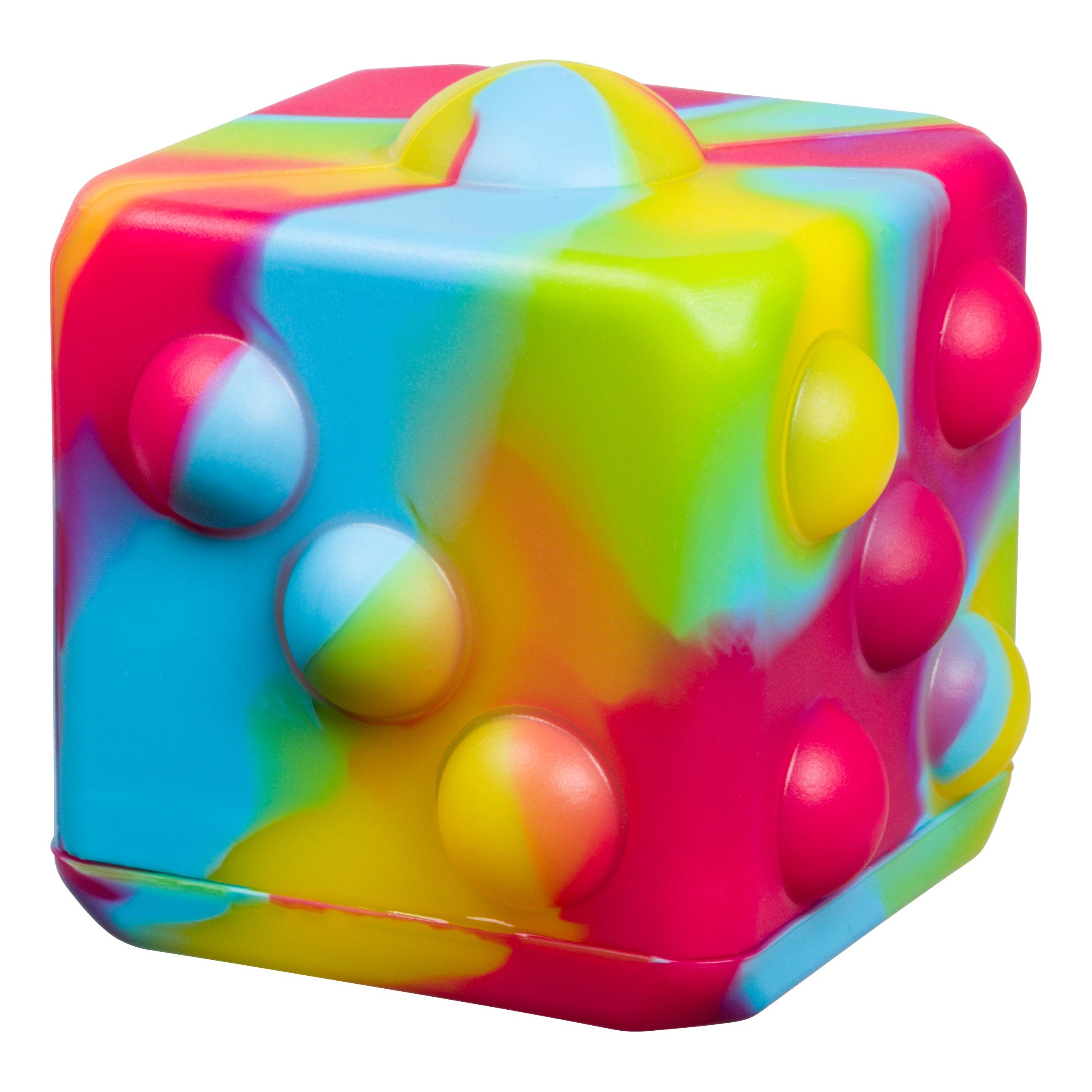The Toysmith Poppin' Dice - Rainbow by Toysmith is a vibrant, rubbery sensory cube with rounded edges and raised bumps in blue, yellow, green, and pink—ideal as a fun fidget toy for endless squishy dice play.