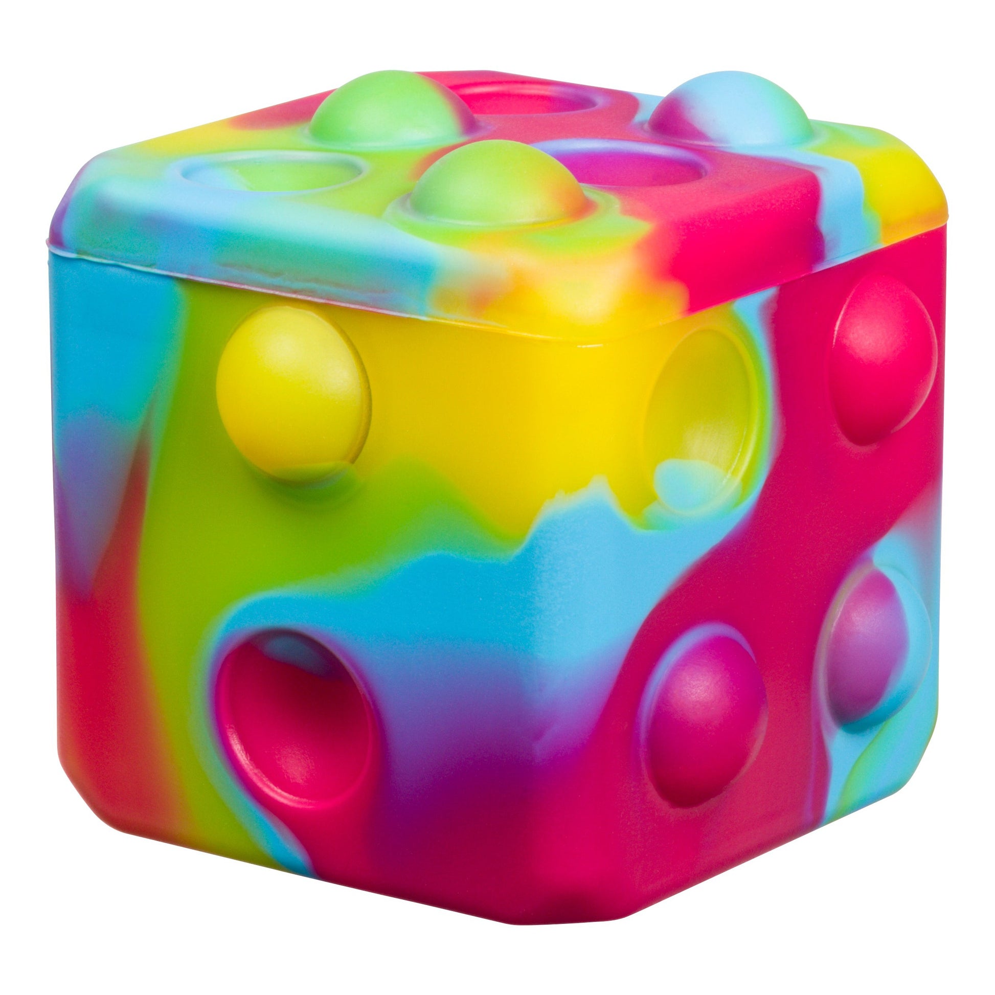 The Toysmith Poppin' Dice - Rainbow by Toysmith is a rainbow-patterned pop-it fidget toy shaped like a dice, featuring raised and indented bubbles on its sides for pressing.