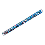 The Toysmith Spiral Glitter Wand by Toysmith, a clear tube filled with blue liquid, sparkling metallic glitter, and star confetti, lies diagonally on a white background.