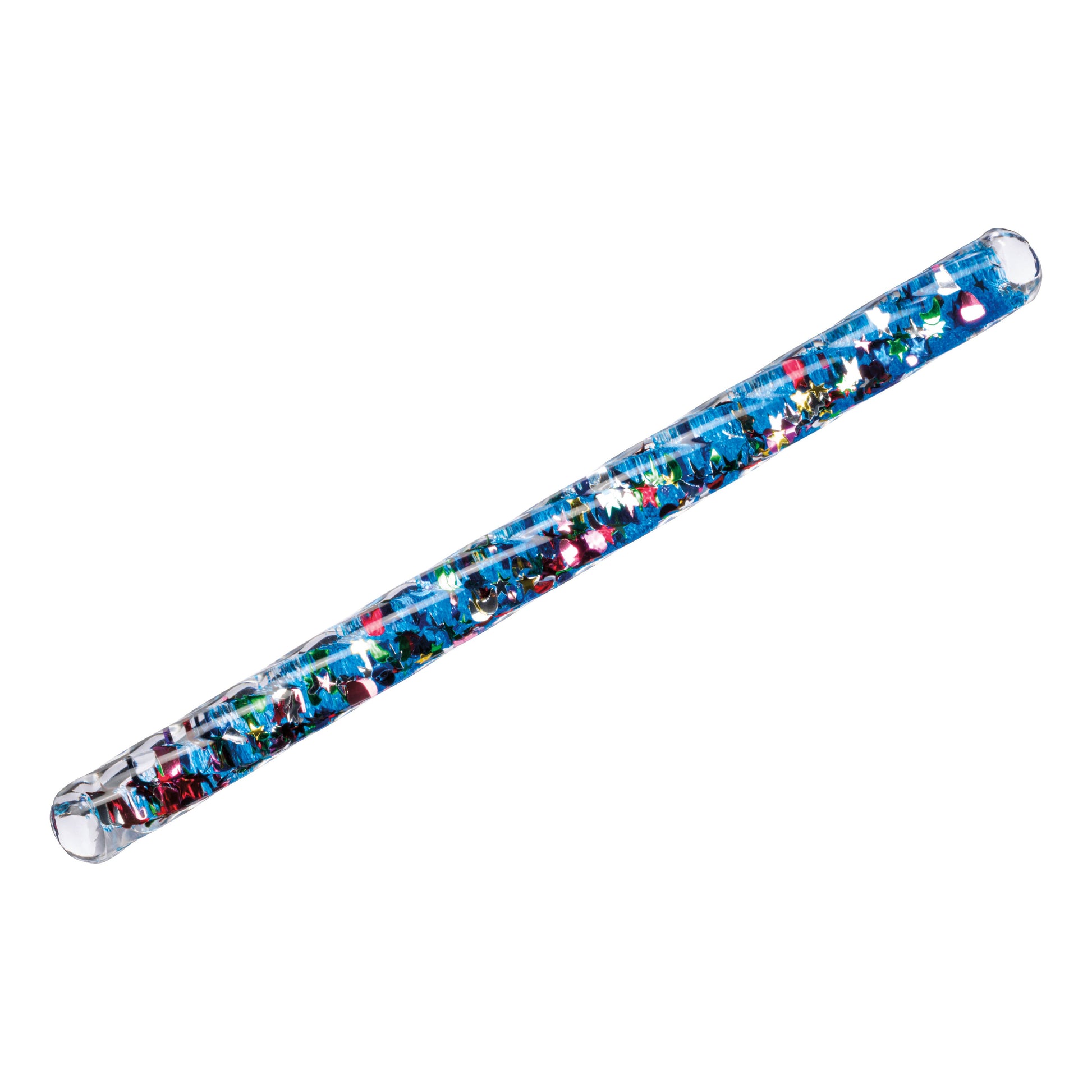 The Toysmith Spiral Glitter Wand by Toysmith, a clear tube filled with blue liquid, sparkling metallic glitter, and star confetti, lies diagonally on a white background.