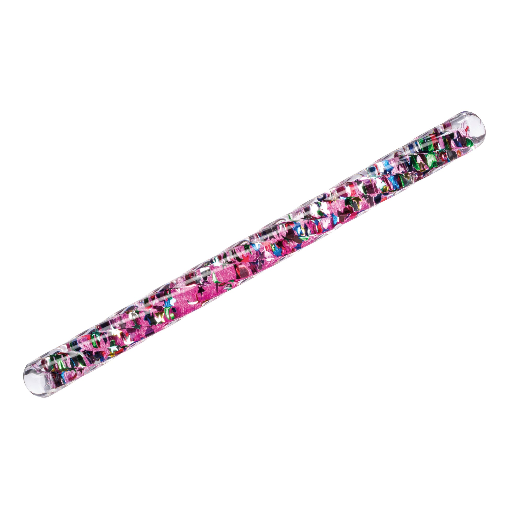 The Toysmith Spiral Glitter Wand by Toysmith is a clear acrylic stir stick filled with pink liquid and metallic confetti for a sparkling effect. This sensory toy is displayed against a white background.