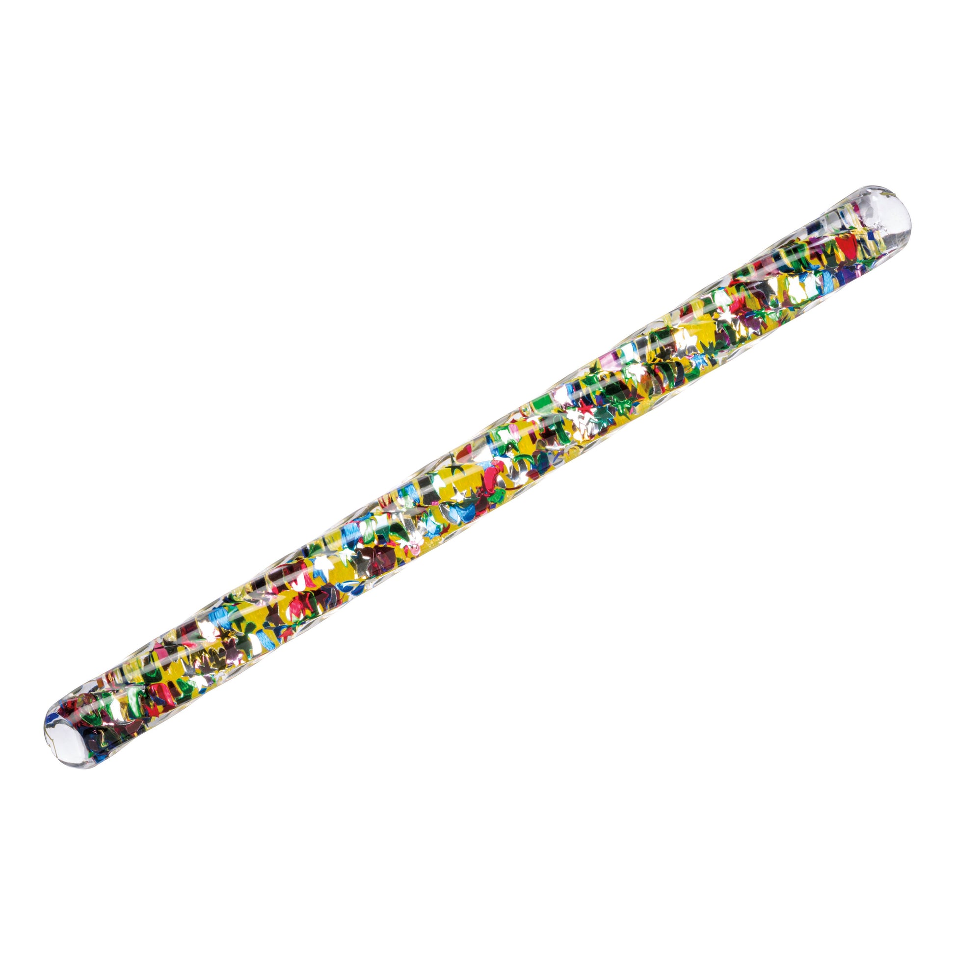 The Toysmith Spiral Glitter Wand by Toysmith is a clear glass wand filled with vibrant confetti pieces, creating a mesmerizing sensory toy perfect for visual stimulation.