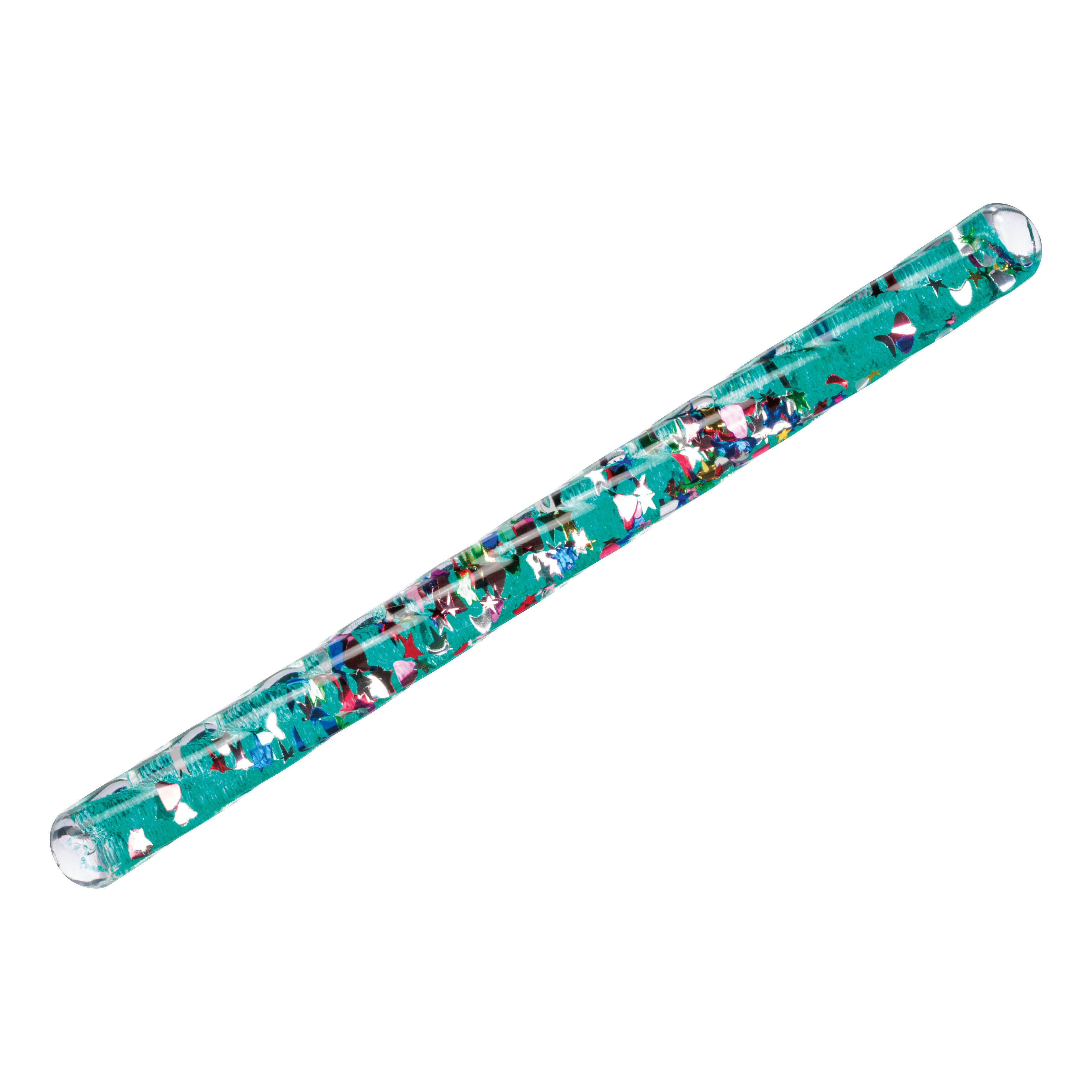 The Toysmith Spiral Glitter Wand by Toysmith features green liquid and colorful confetti shapes swirling inside a clear plastic tube, sealed at both ends. This sensory toy dazzles with its vibrant, playful design against a white background.