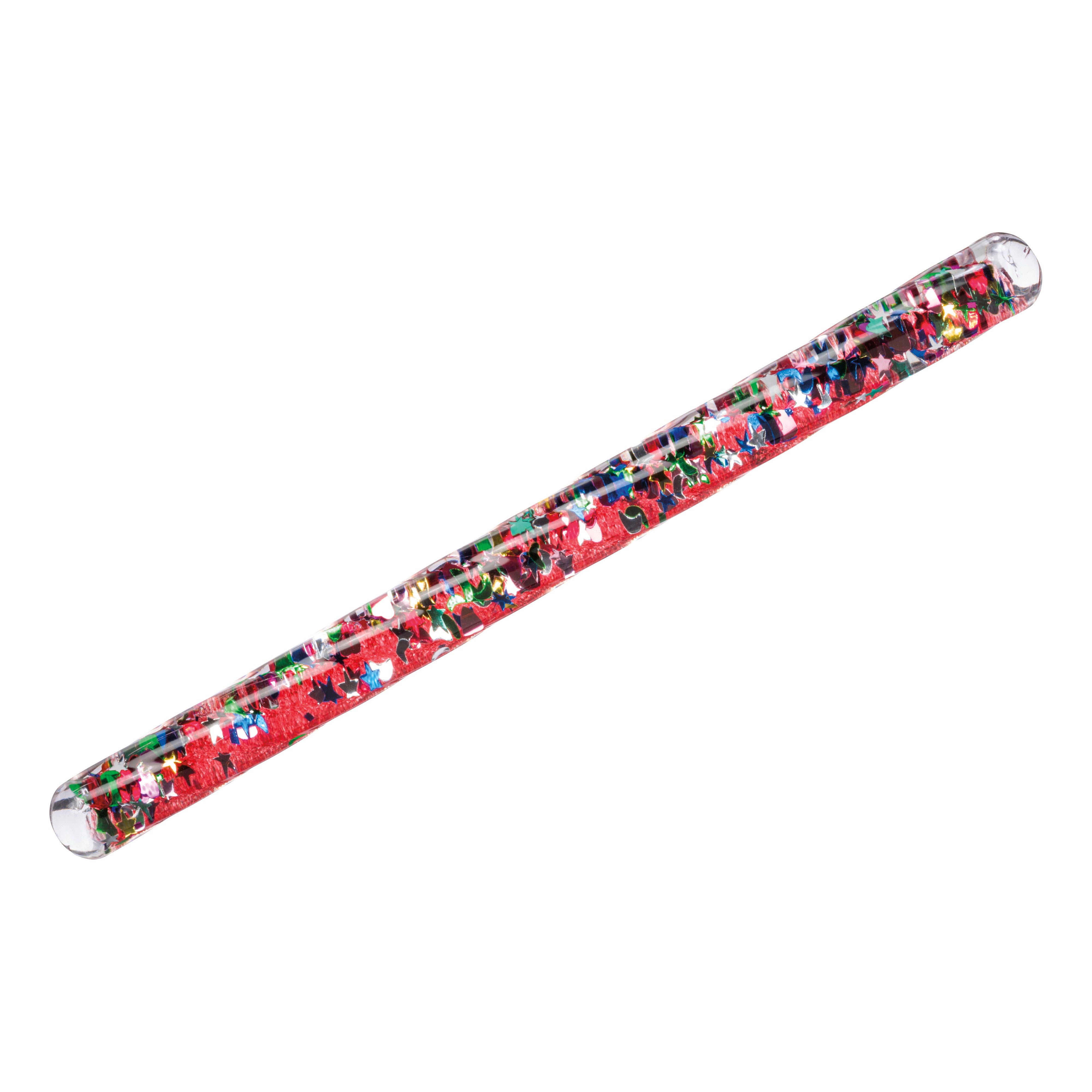 The Toysmith Spiral Glitter Wand by Toysmith is a clear, cylindrical sensory toy filled with red liquid, floating multicolored glitter, and confetti—an eye-catching wand perfect for all ages.