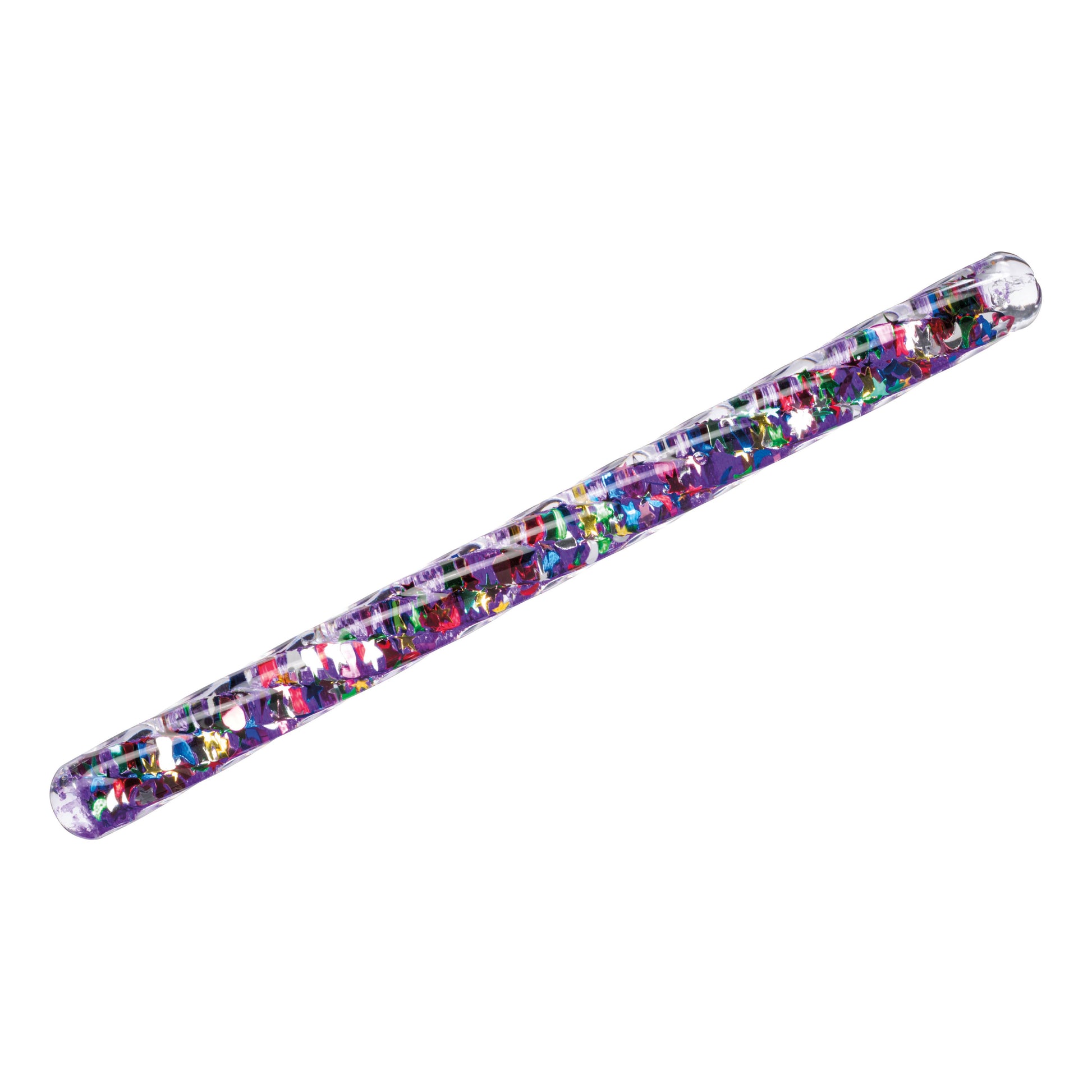The Toysmith Spiral Glitter Wand by Toysmith features clear plastic filled with colorful glitter and confetti shapes, creating a sparkling effect ideal as a sensory toy.