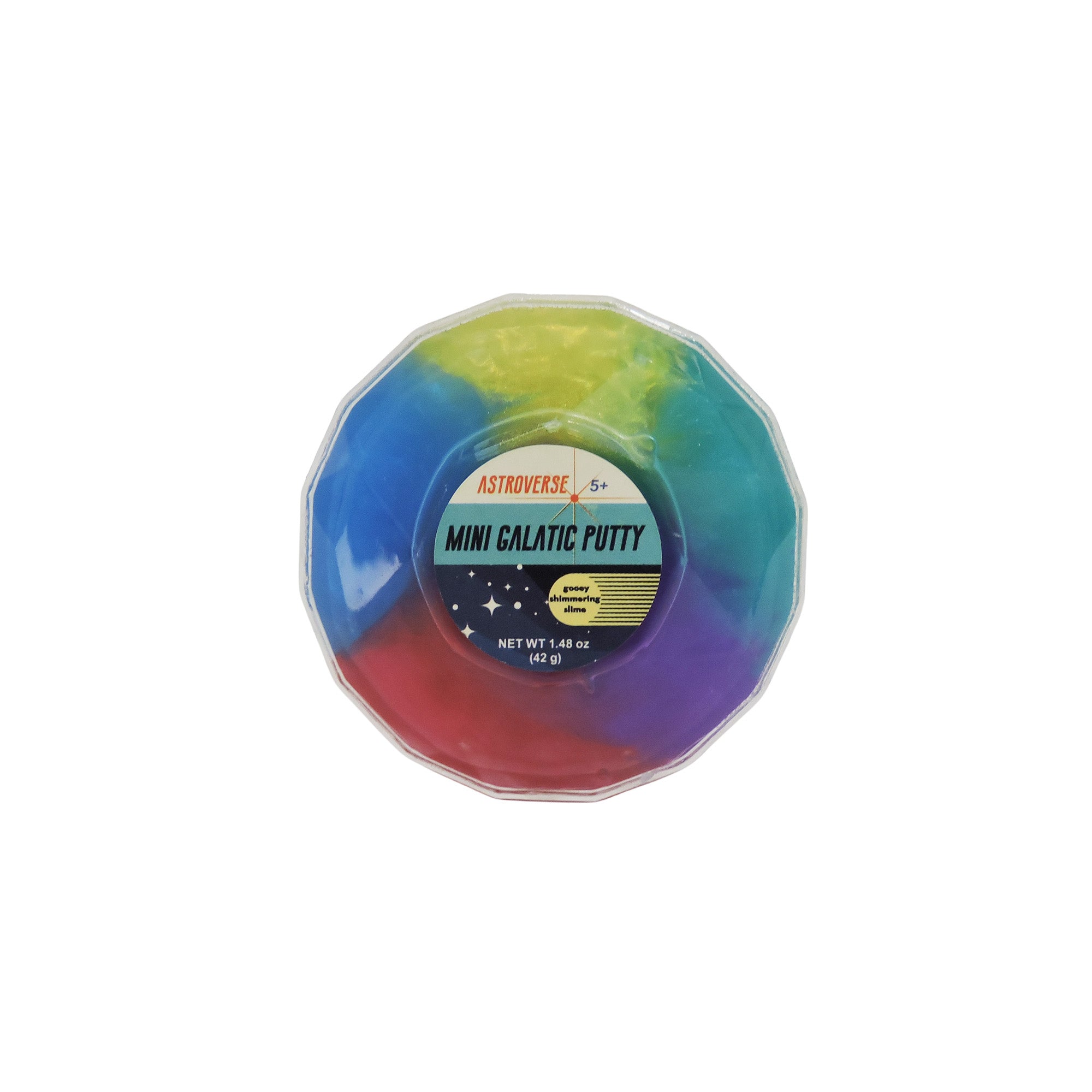 The Astroverse Mini Galactic Putty by Astroverse is a round container filled with metallic yellow, green, blue, purple, and red swirled slime—a vibrant sensory toy displayed on a white background.