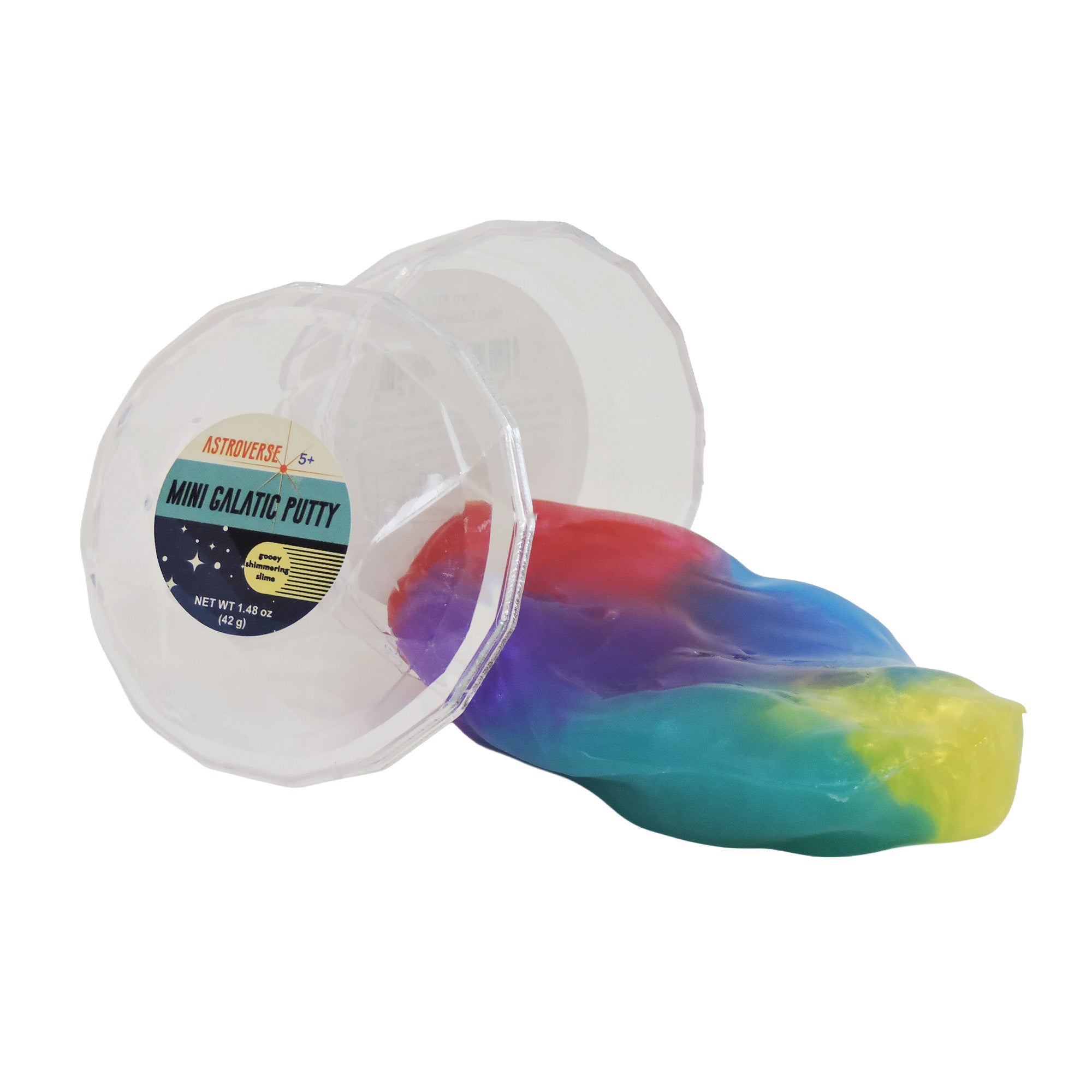 An open Astroverse Mini Galactic Putty container shows vibrant metallic blue, red, purple, and yellow slime spilling onto a white surface—an eye-catching sensory toy from Astroverse.