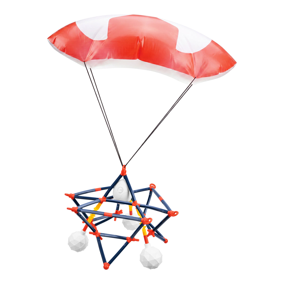 A red and white parachute is attached to a geometric, blue and orange toy structure with two white balls hanging below—perfect for hands-on fun with the Crunch Labs Crunch Kit Skyfall Egg Drop by Moose Toys, whether you’re exploring STEM or tackling an egg drop challenge.