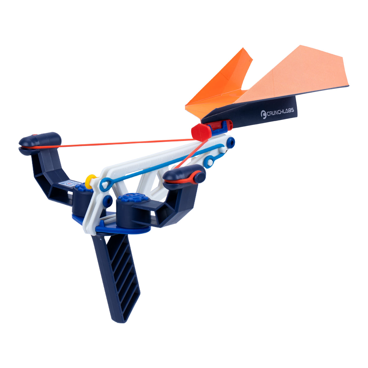 Introducing the Crunch Labs Crunch Kit Turbo Trick Flyer by Moose Toys—a toy slingshot launcher with an orange paper glider attached, featuring a blue and black handle and frame, plus a red rubber band for launching. This exciting STEM toy lets kids discover physics through hands-on play!.