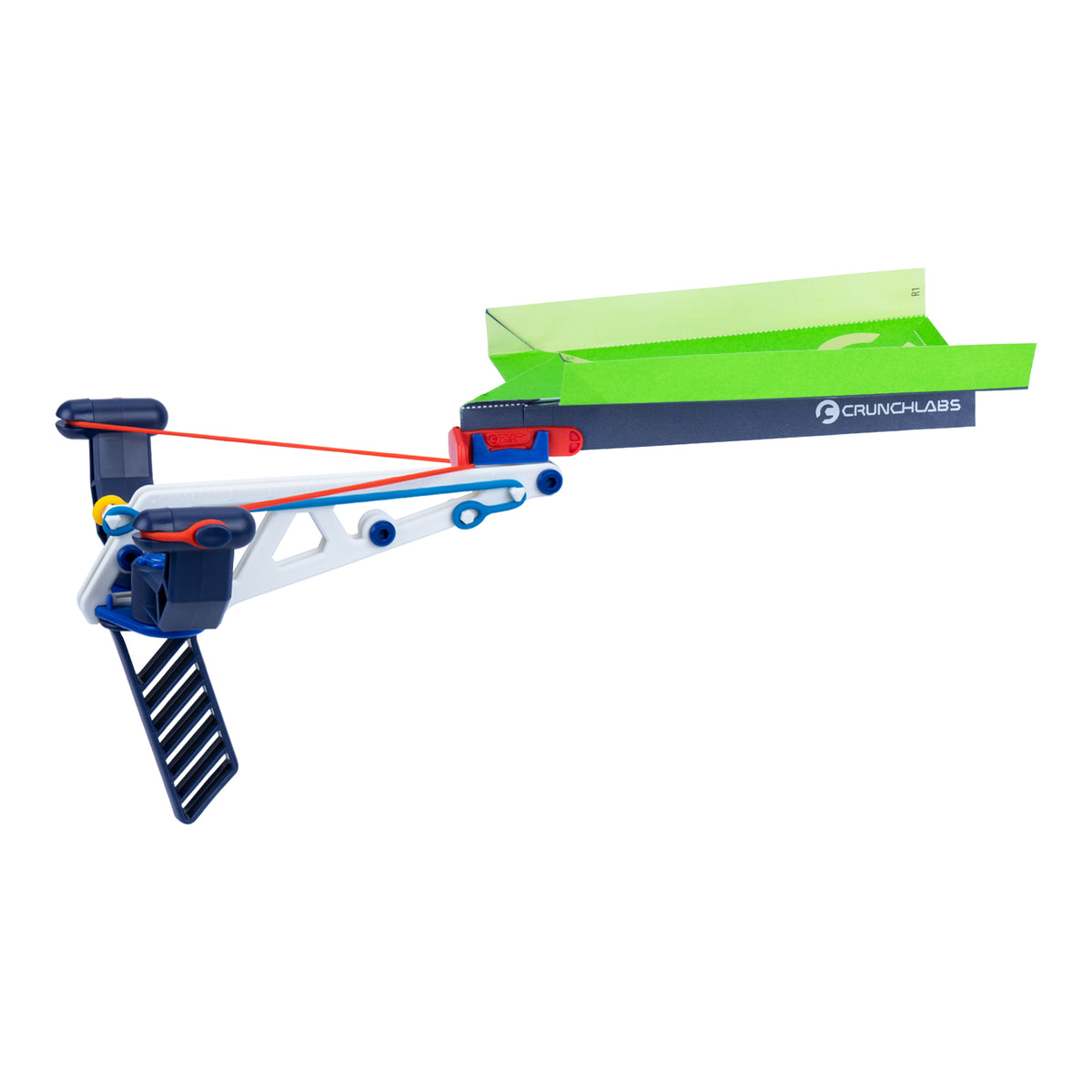 A blue and white paper airplane launcher featuring a black angled stand, orange rubber bands, and a green paper airplane labeled CrunchLabs is ready to launch—the perfect STEM toy for experimenting with Turbo Trick Planes from the Moose Toys Crunch Labs Crunch Kit Turbo Trick Flyer.