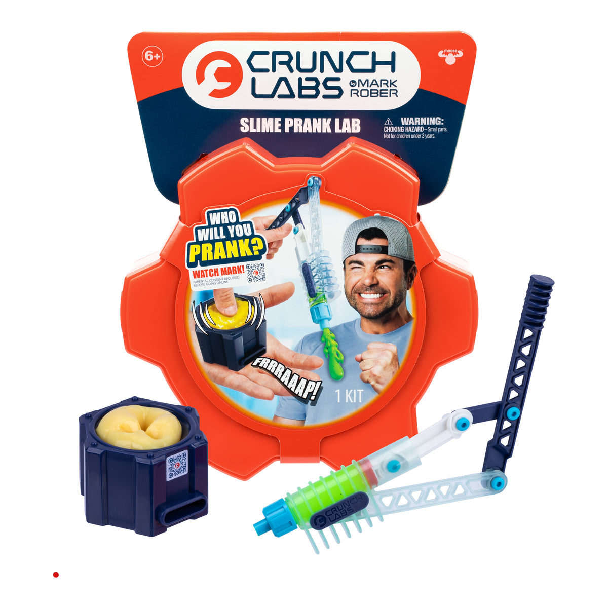 Moose Toys Crunch Lab Crunch Kit Slime Prank Lab features eye-catching packaging with Mark Rober’s photo, a toy launcher, and a slime container. This exciting STEM kit is part of the Crunch Lab Crunch Kit series and is designed for ages 6 and up—perfect for experimenting and pranking with slime.