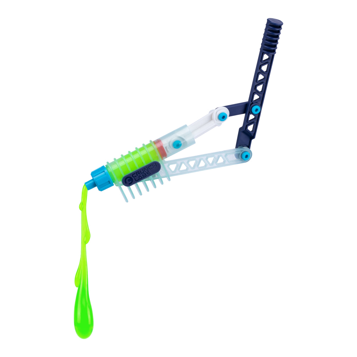A blue and green toy claw with a handle, designed to look like a grabbing tool, is gripping and spilling vivid green slime—mirroring the fun experiments you’ll find in the Moose Toys Crunch Lab Crunch Kit Slime Prank Lab.